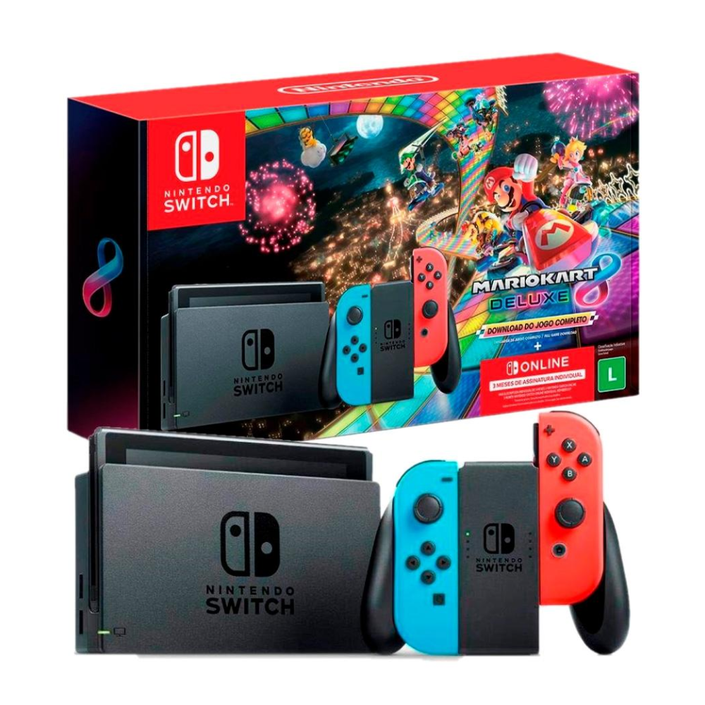 Console Nintendo Switch + Joy-Con Neon + Mario Kart 8 Deluxe + 3 Meses de Assinatura Nintendo Switch Online, Azul e Verm